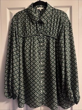 Max Studio Forest Green Printed Button-Down Blouse, XL